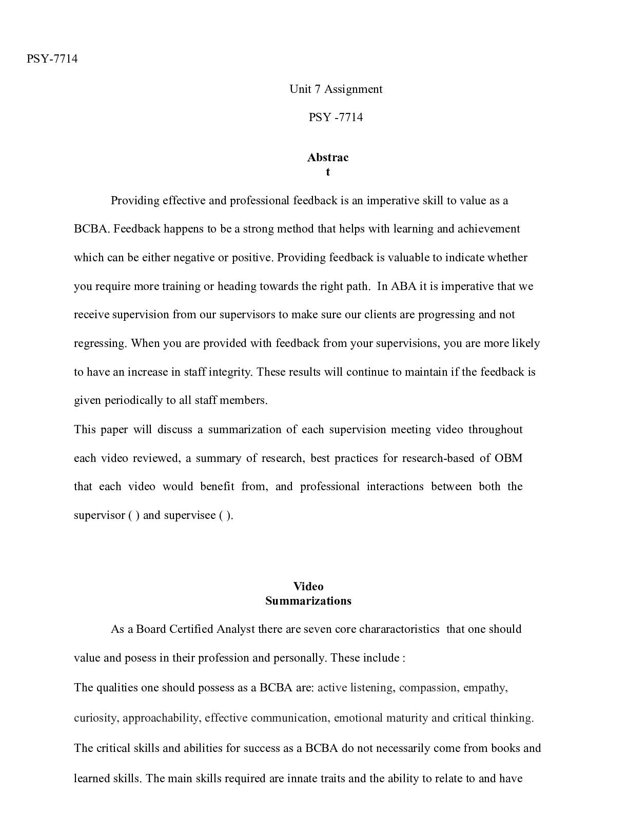 Preview image of PSY 7714 U7A1 Assignment  Best Practices Supervision Sessions.edited.docx  PSY-7714  Unit document